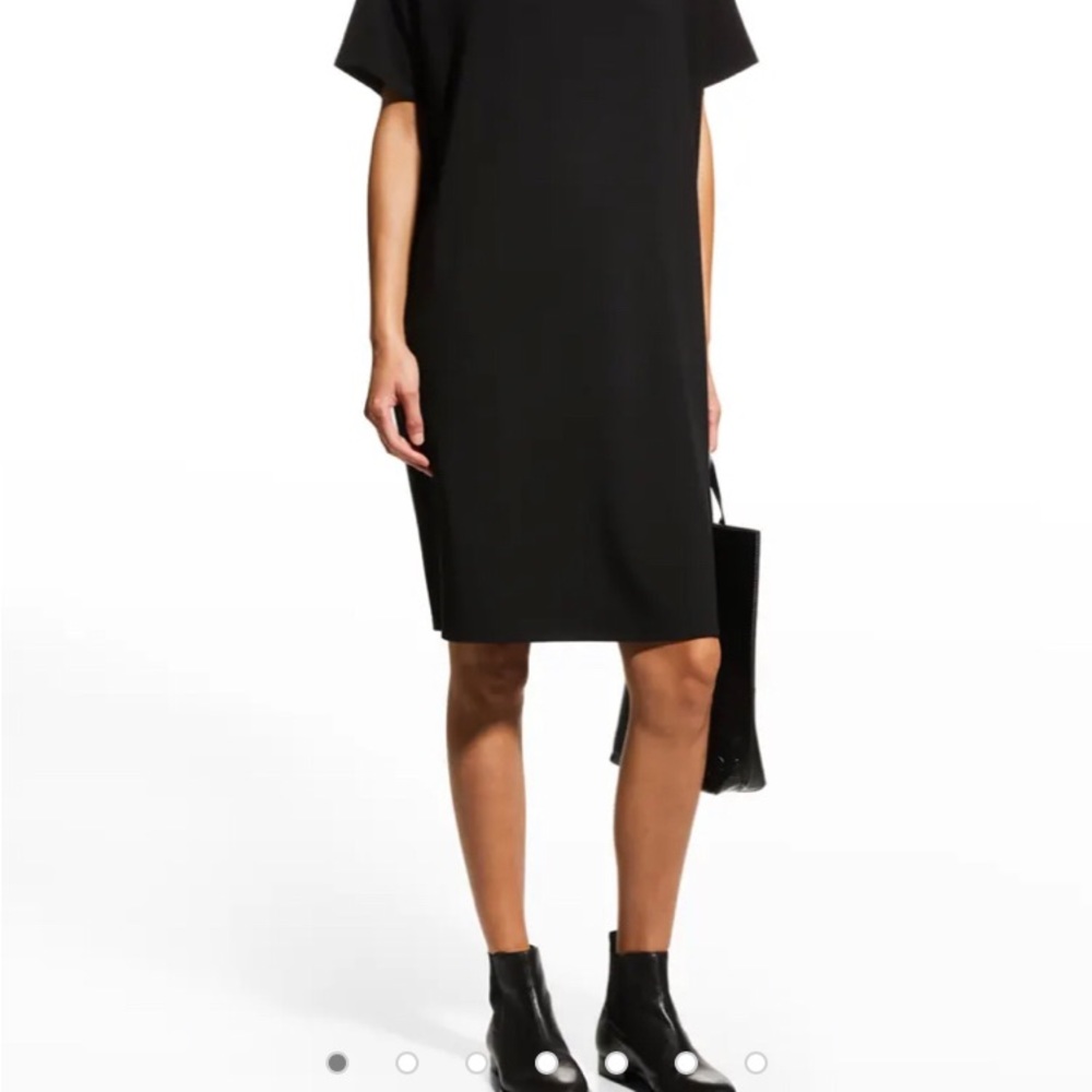 Eileen Fisher black shift dress shorts sleeves crew neck side pockets Sz…